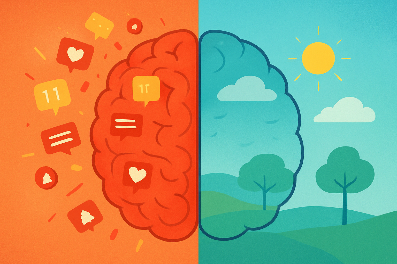 Illustration of a brain transitioning from notifications to peace during digital detox