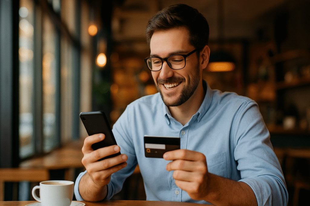 Young professional using a credit cards at a coffee shop