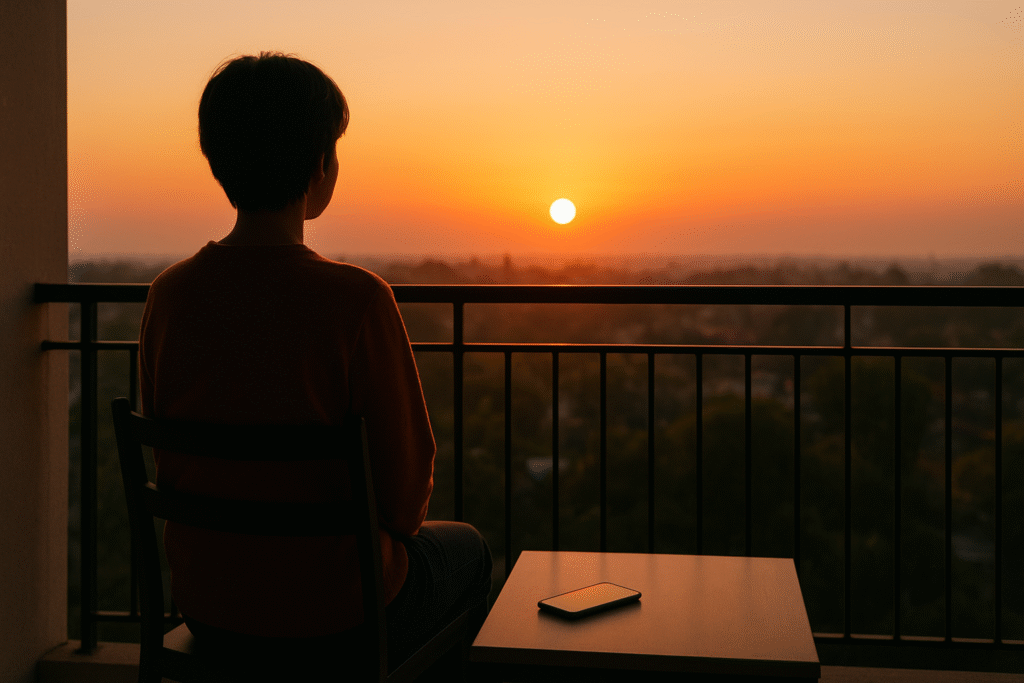 Person enjoying sunrise without a phone during digital detox
