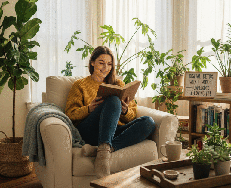 Professional relaxing with a book during digital detox week