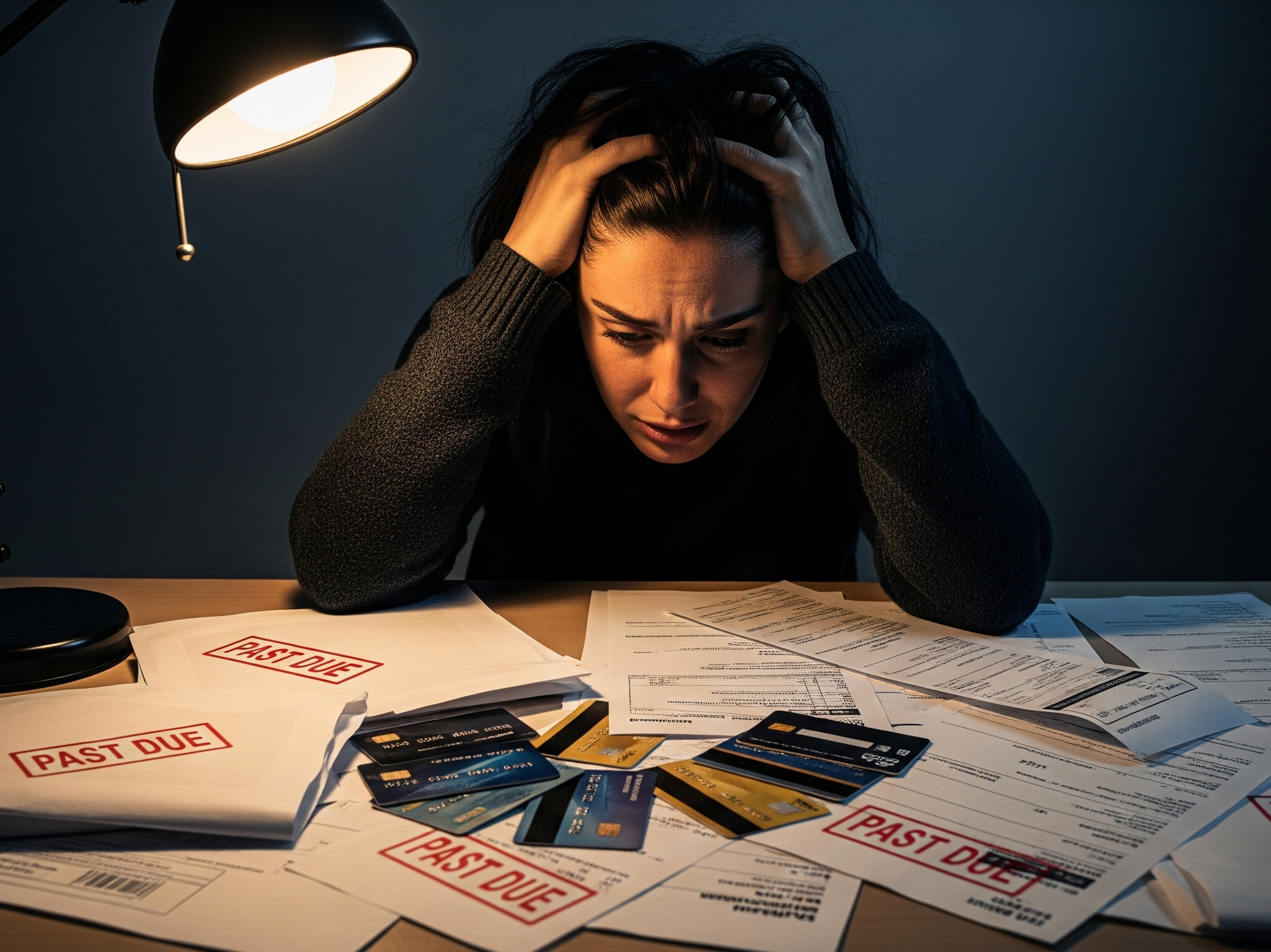 Person stressed with bills and credit cards