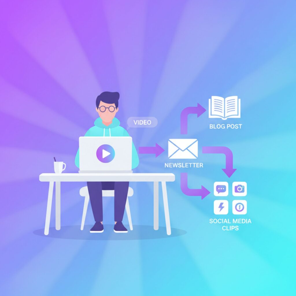 Illustration of a content creator using AI to repurpose a video into blog posts, newsletters, and clips