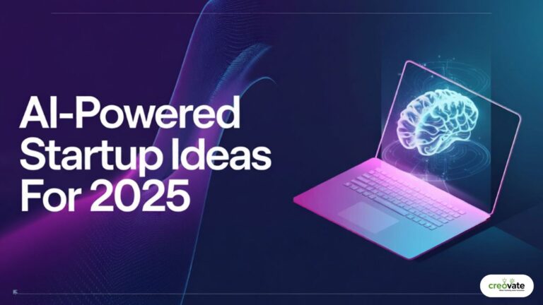 Futuristic business concept illustration showing AI-powered startup ideas for 2025 with glowing laptop and holographic brain