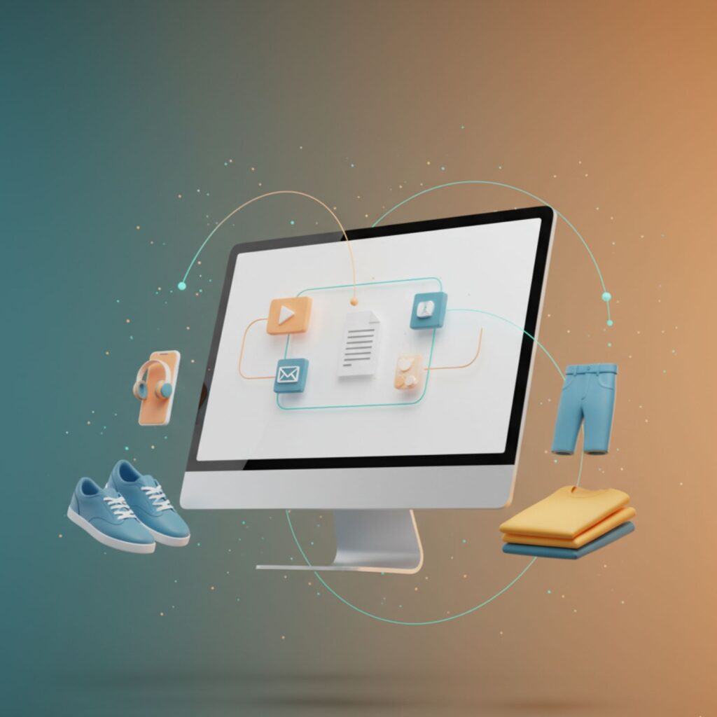 Digital illustration of AI writing catchy e-commerce product descriptions on a computer screen