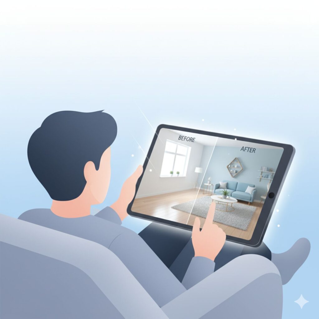 Illustration of a person using AI to redesign their room with a before-and-after preview( AI business Idea)
