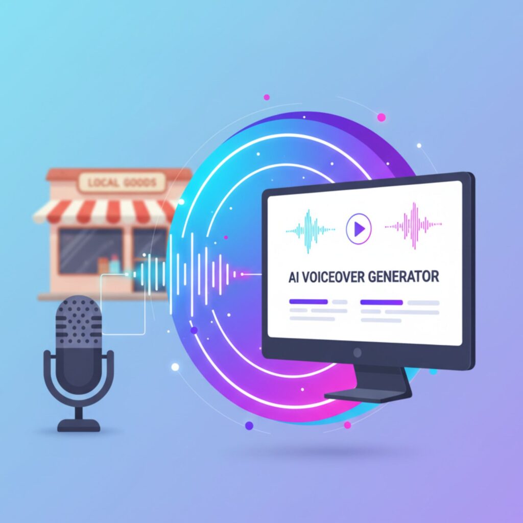 Illustration showing AI generating voiceovers for local shops using colorful sound waves and a laptop