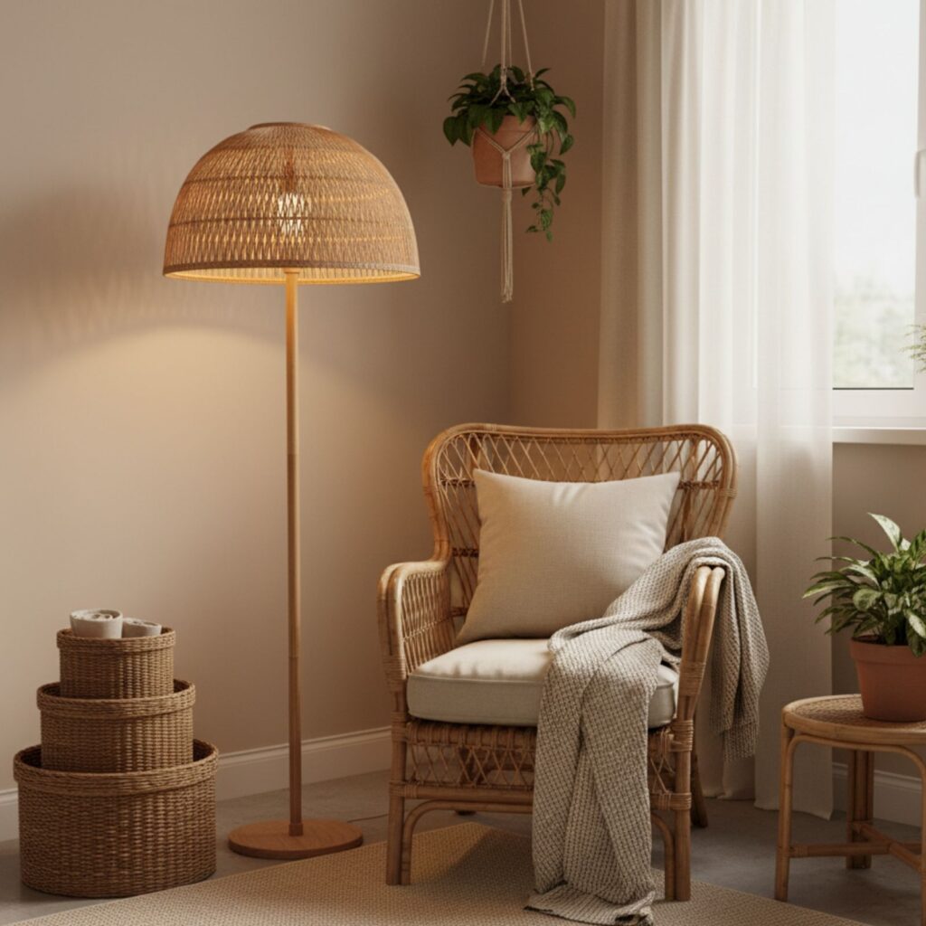 Bamboo and cane furniture in a cozy small apartment