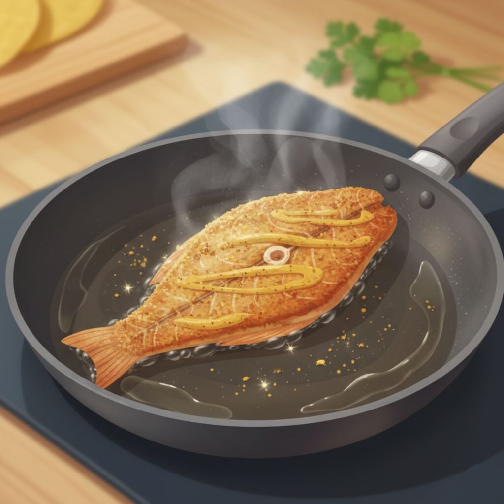 Pan-frying Bengali style marinated fish for fusion tacos