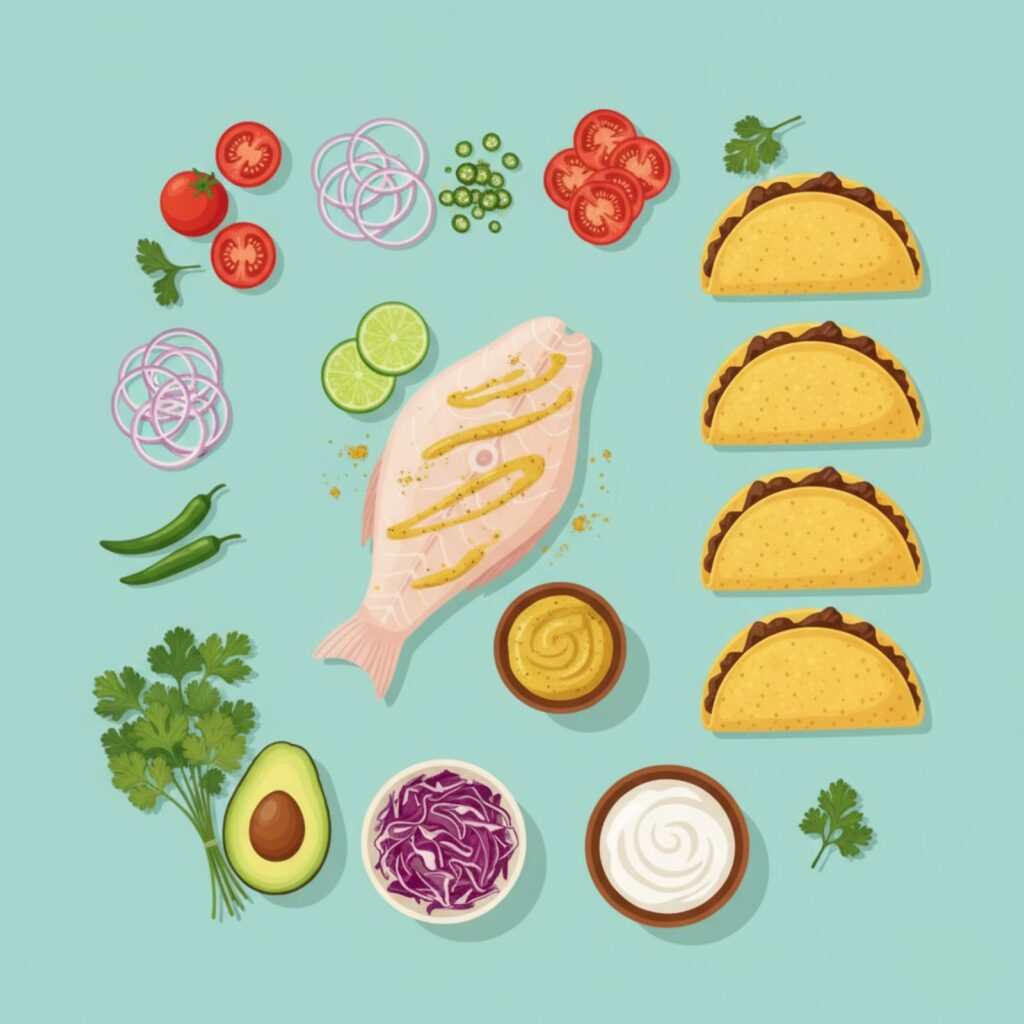All fresh ingredients for Bengali-Mexican Fusion Tacos arranged neatly