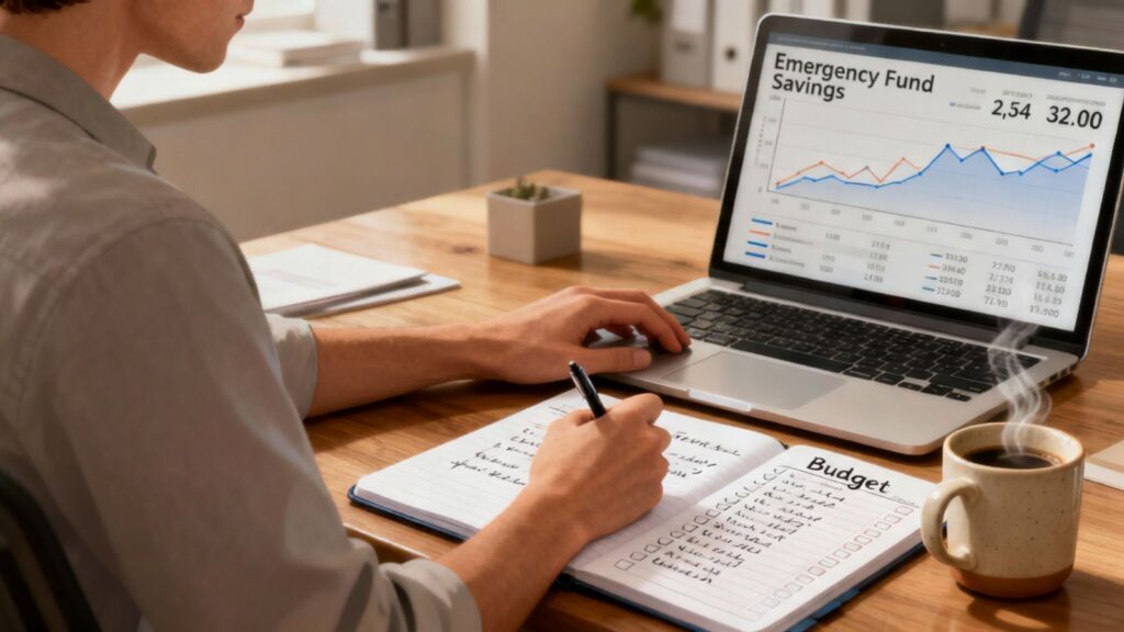 Person tracking expenses on a laptop and notebook for emergency funds.