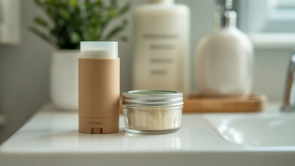 Natural deodorant in jar and cardboard tube on a bathroom shelf