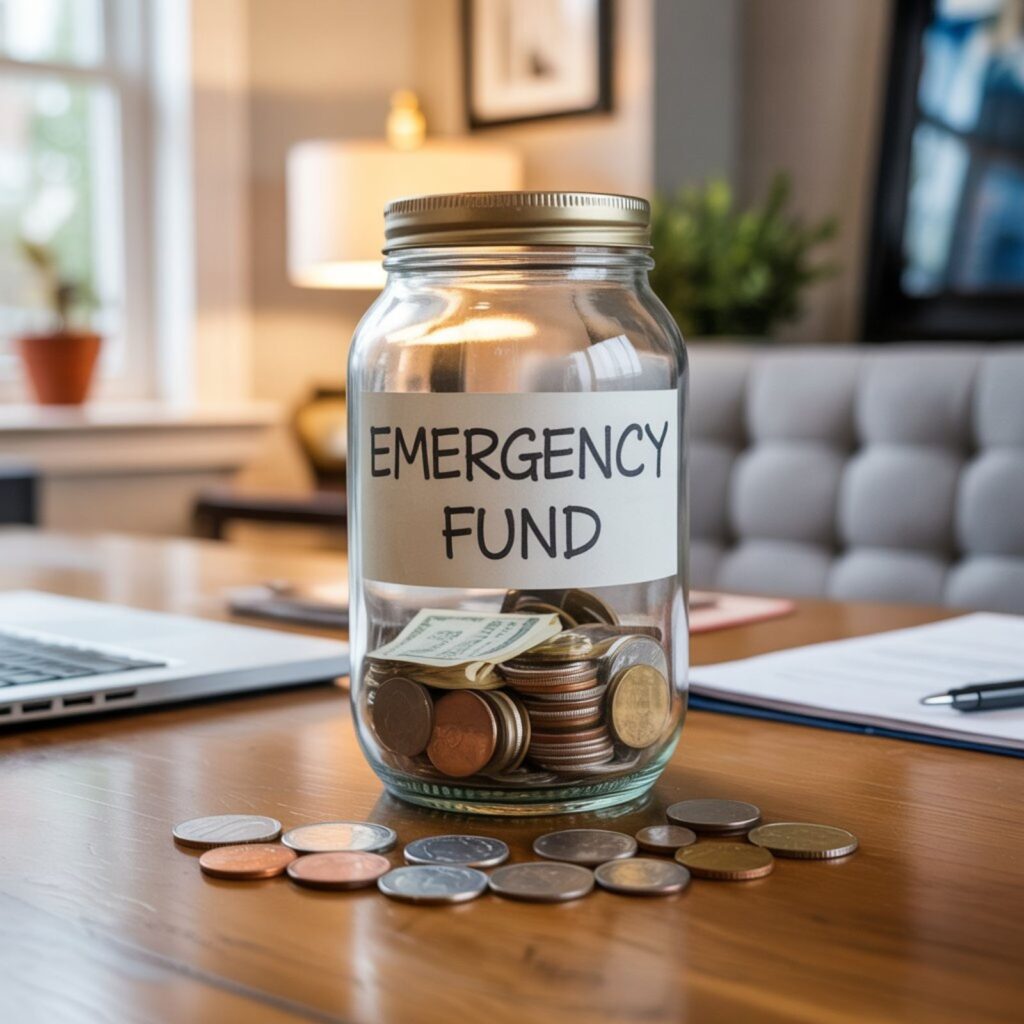 Glass jar labeled emergency fund filled with coins and cash