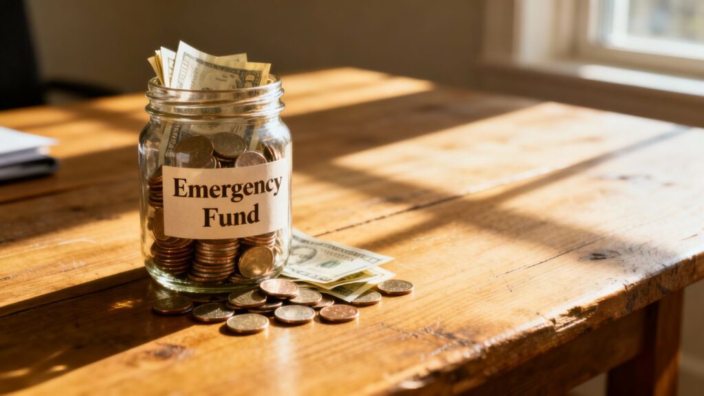 Person tracking expenses on a laptop and notebook for emergency funds.