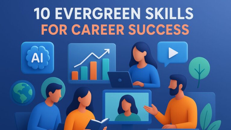 Digital illustration of 10 evergreen skills including AI, data, storytelling, and remote work for a successful future