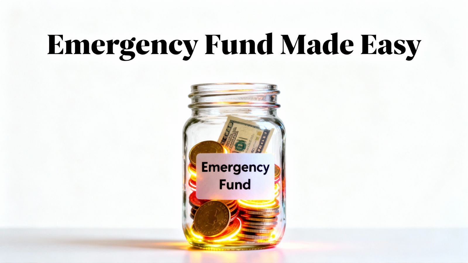Vibrant thumbnail showing an emergency funds jar with glowing coins and bold text overlay.