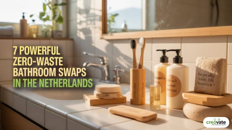 Zero-waste bathroom products neatly arranged in a Dutch home