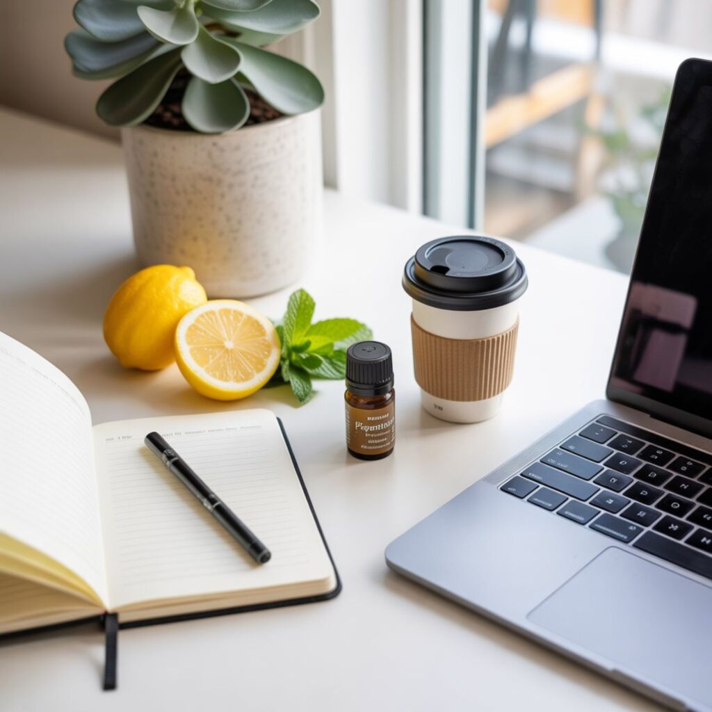 Workspace with journal and energizing scents for focus and productivity