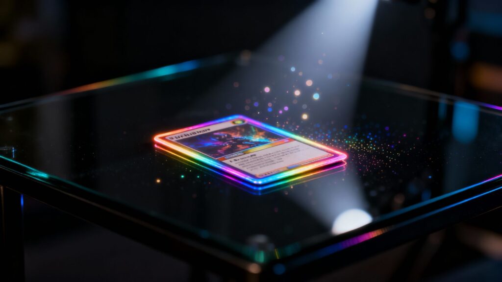 Futuristic hologram trading card on black glass