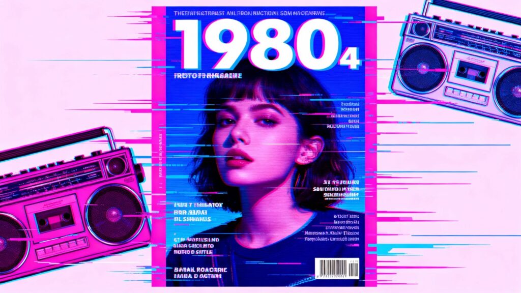1980s retro VHS-style magazine cover