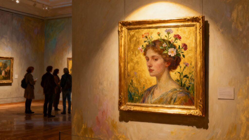 Surreal painting in a museum with spotlight