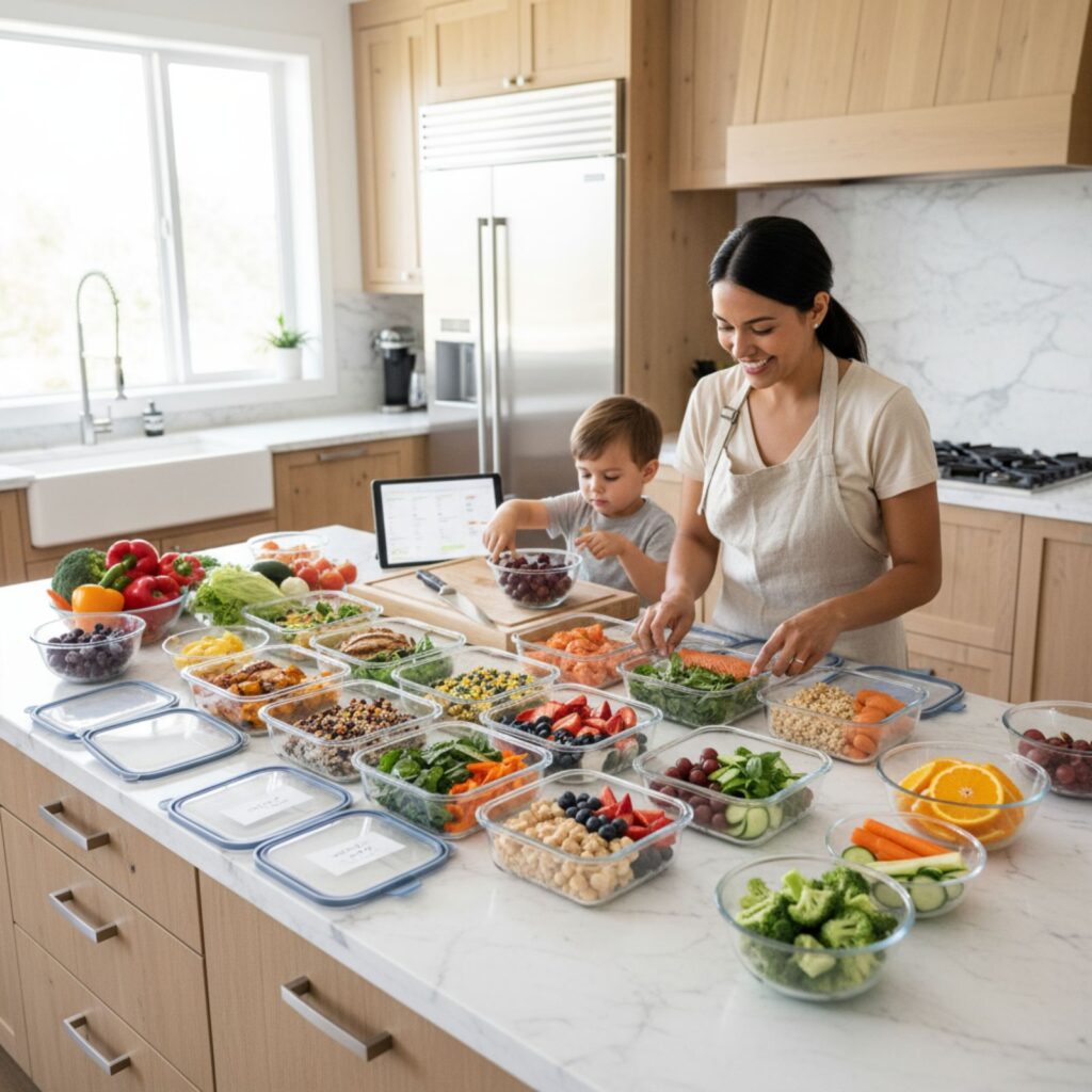 Parent preparing weekly meal prep containers with healthy food