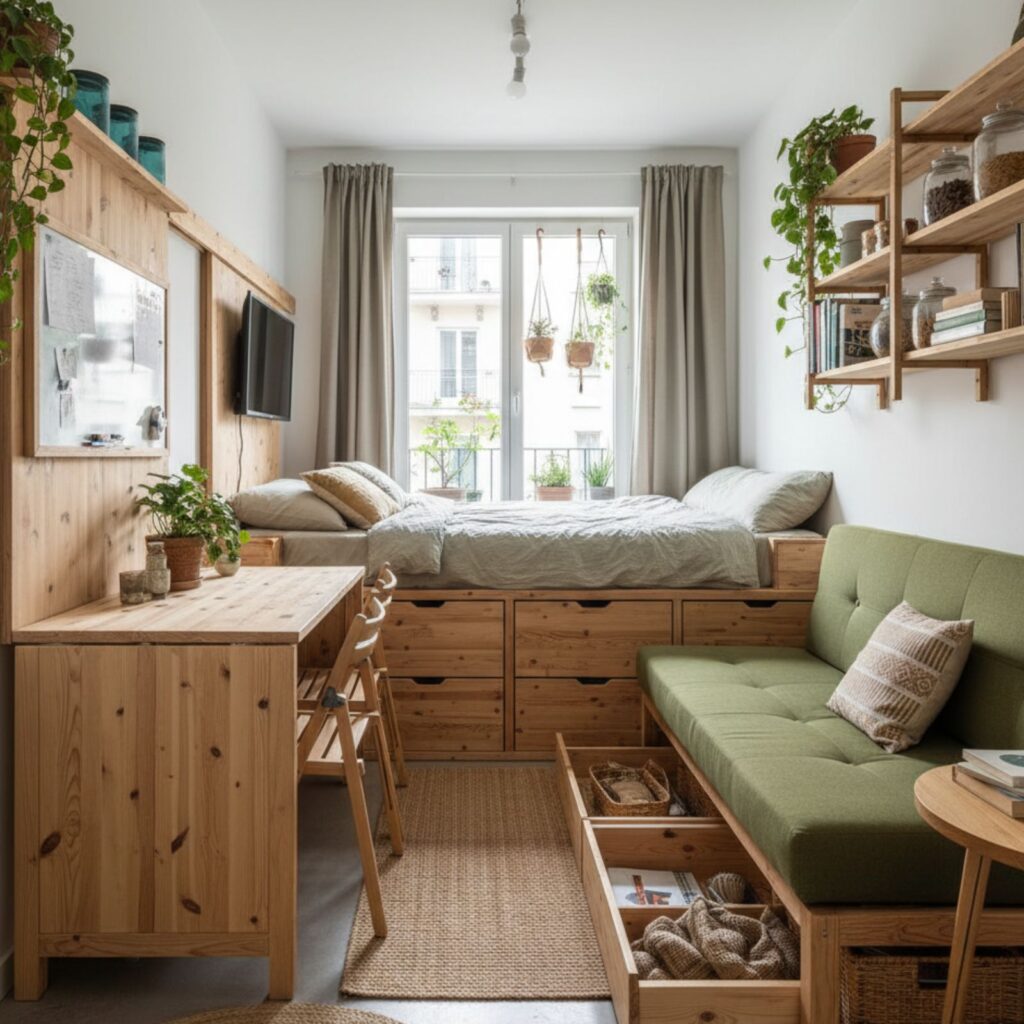 Space-saving multi-purpose furniture in small apartment