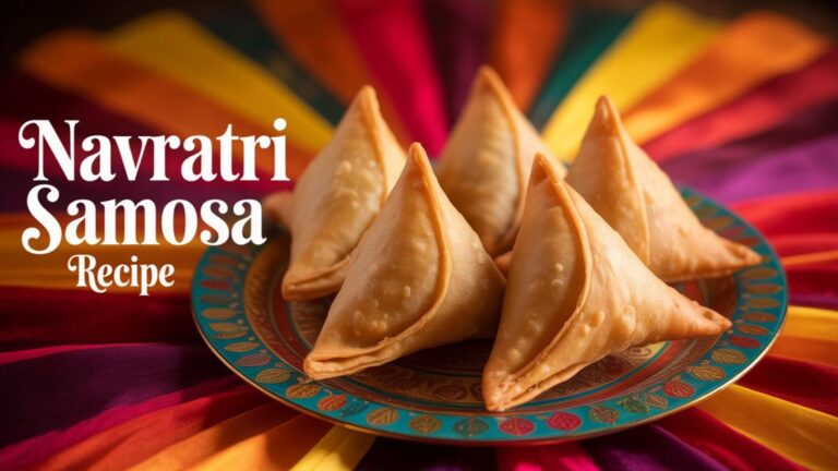 Top view of golden Singhare ke Atta Samosa on a festive plate