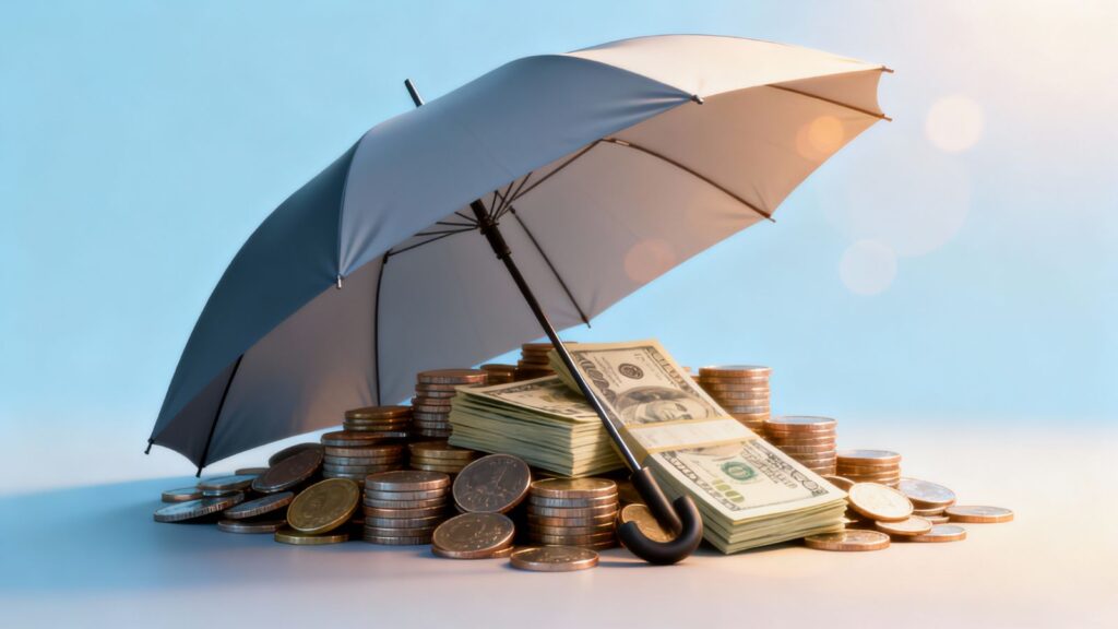 Umbrella protecting coins and cash, symbolizing emergency funds.