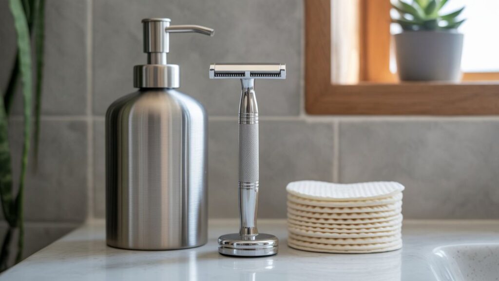 Refillable soap, metal safety razor, and reusable cotton pads on bathroom counter