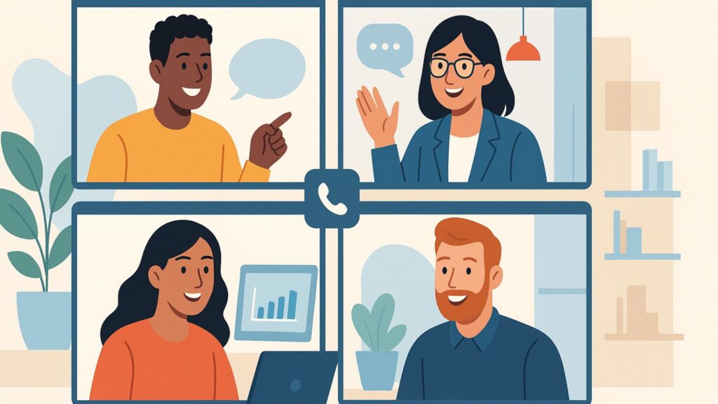 Diverse team collaborating remotely through video calls and online tools, working from home and office