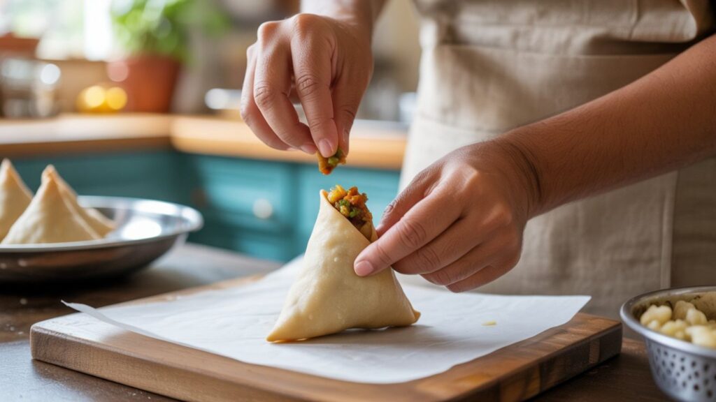 Filling being placed inside Singhare ke Atta Samosa dough cone