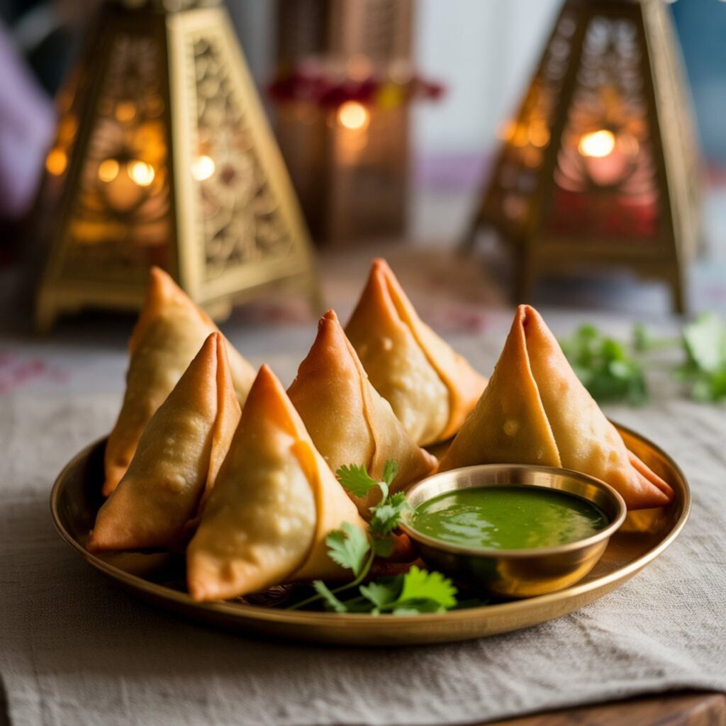 Crispy golden Singhare ke Atta Samosa served with green chutney