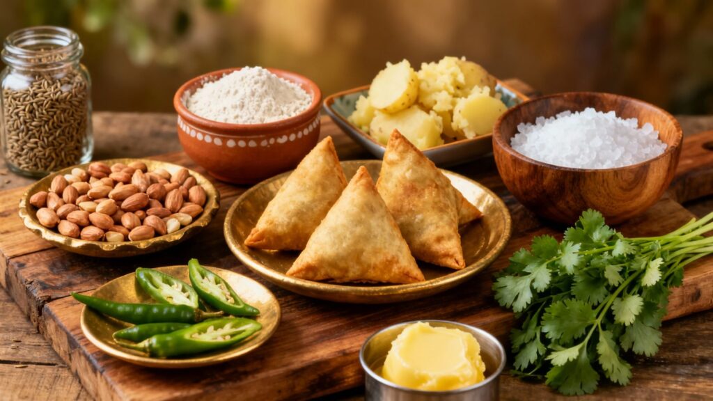 Ingredients for Singhare ke Atta Samosa arranged on wooden board