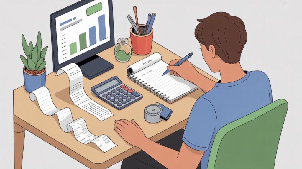 Young adult tracking monthly expenses with notepad and calculator