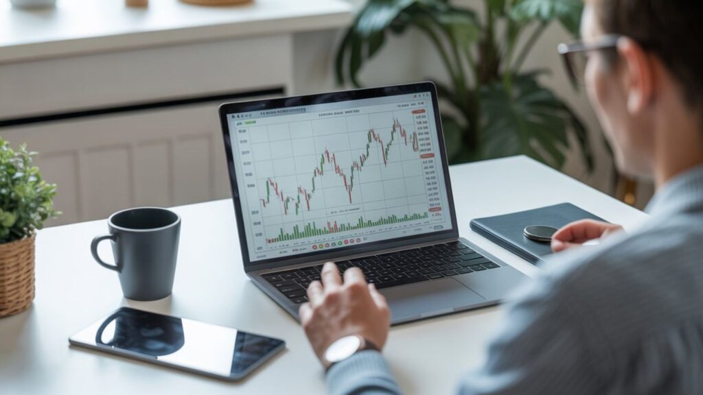 Young professional investing online using laptop with stock chart