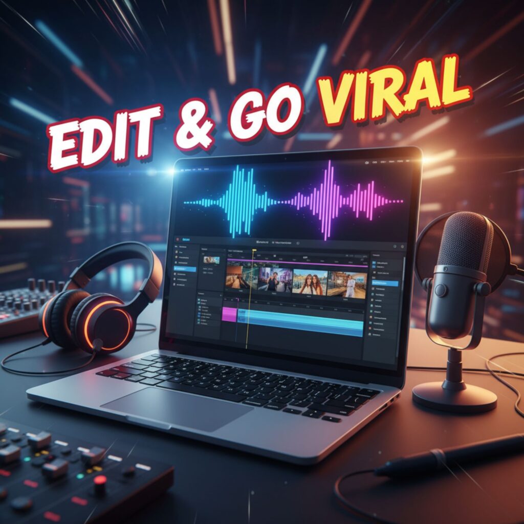 Video editing interface with trending music waveform and text 'Edit & Go Viral
