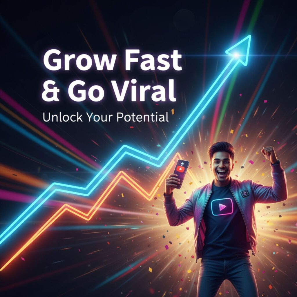 Creator celebrating in front of upward trending graph with text 'Grow Fast & Go Viral