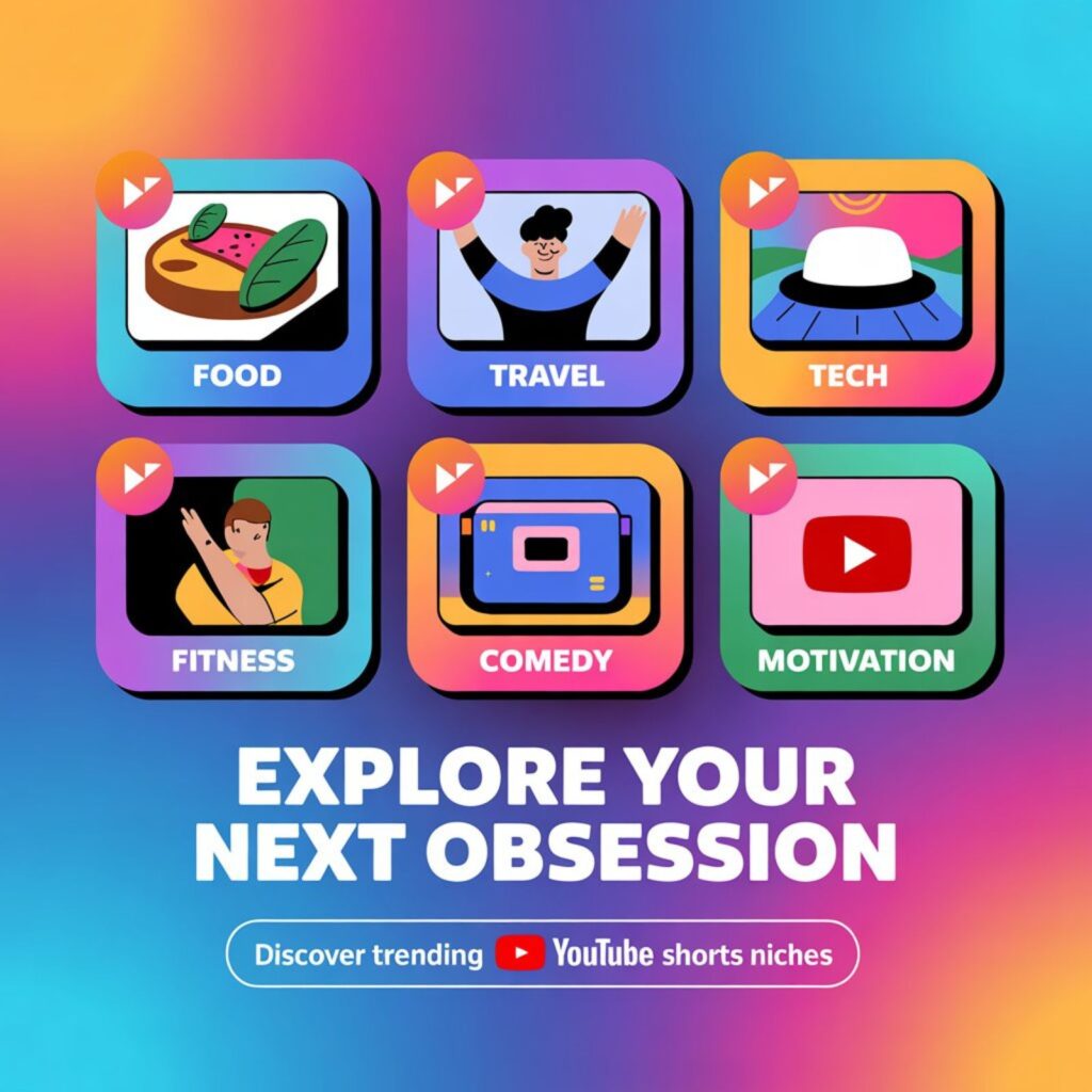 Icons representing trending YouTube Shorts niches like food, fitness, travel, tech and comedy