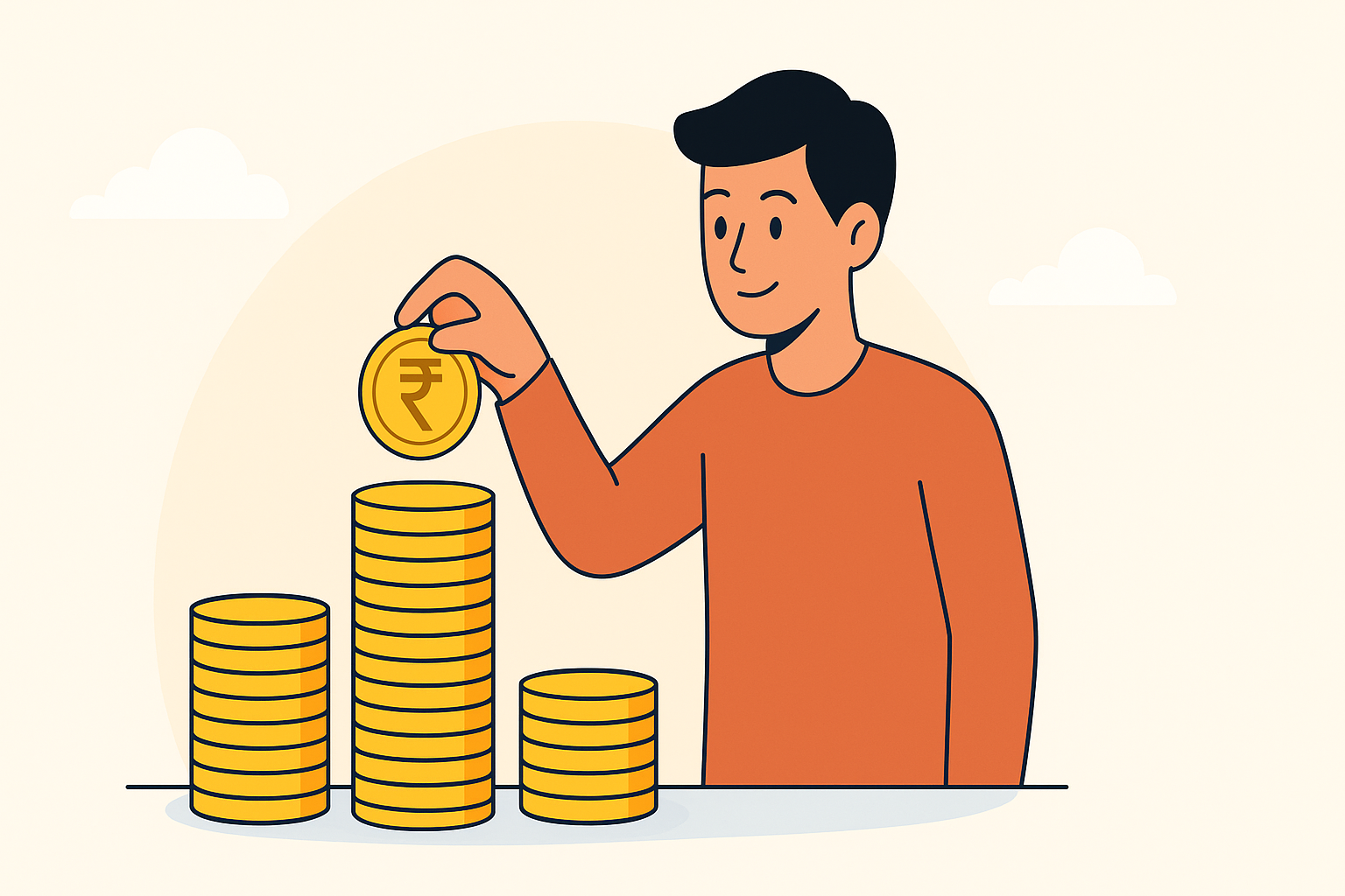 Person placing a coin into a growing stack, symbolizing small Habits building wealth over time.