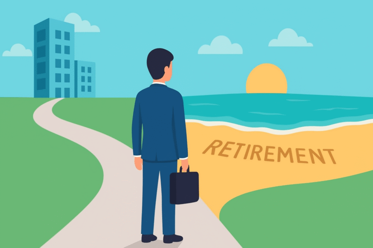 Young professional at crossroads between work and early Retirement freedom.