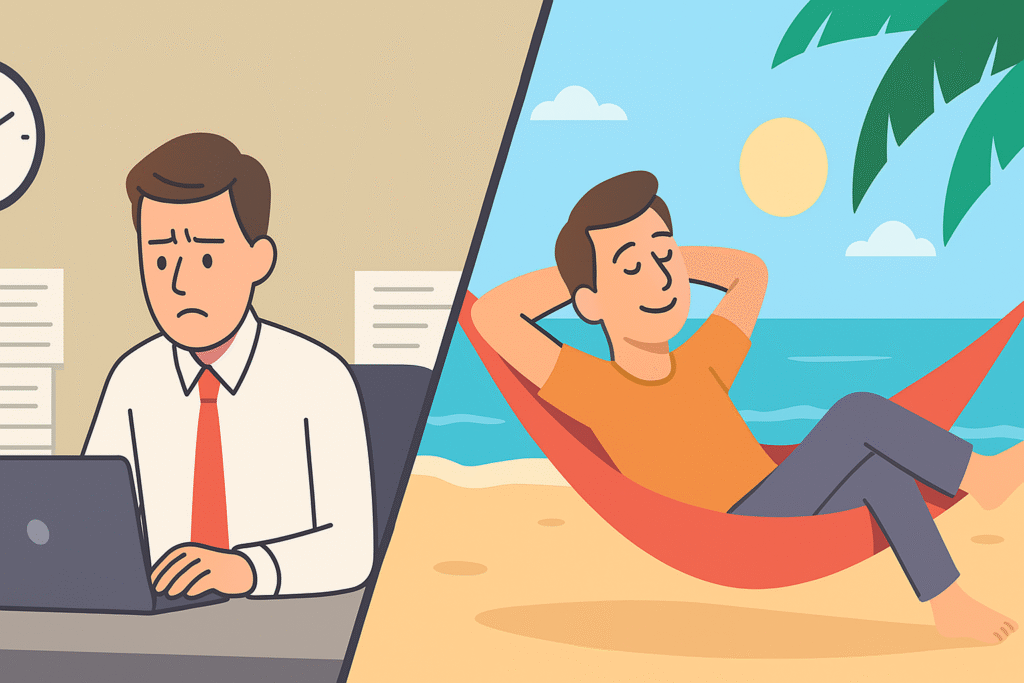 Split view of stressful office life vs relaxing early Retirement by the beach.