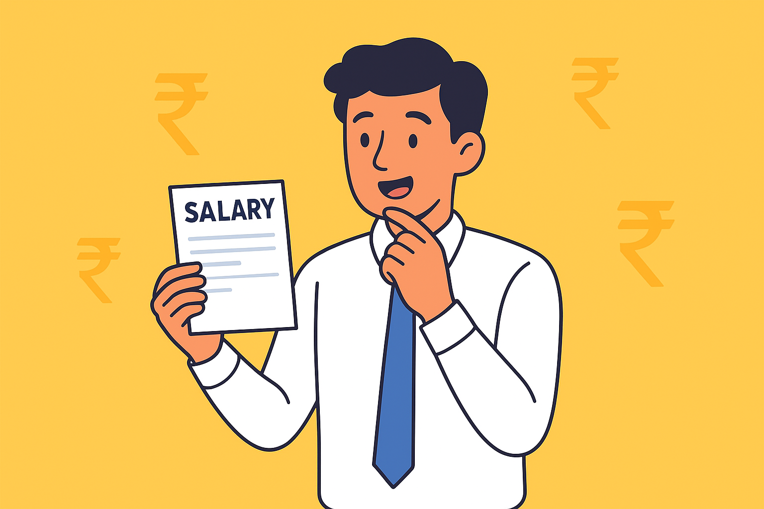 Young professional holding first Salary slip with floating rupee symbols.