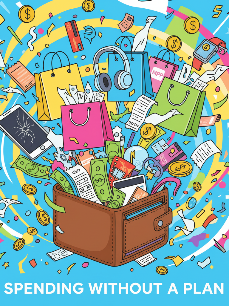 Wallet overflowing with shopping bags, gadgets, and bills.