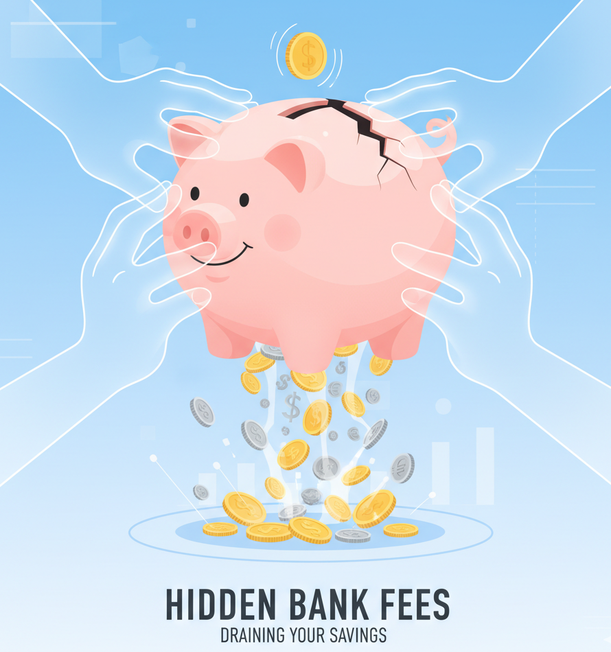 Piggy bank squeezed by invisible hands symbolizing Bank fees