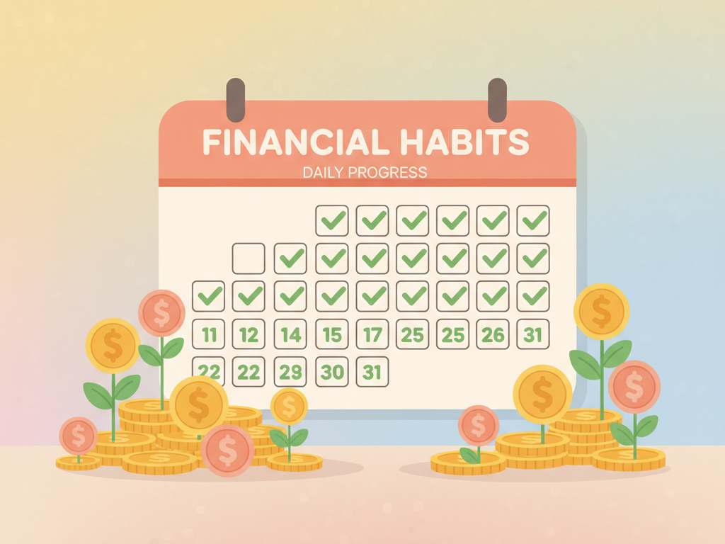 Calendar filled with daily checkmarks surrounded by growing coins, representing consistency in financial Habits.