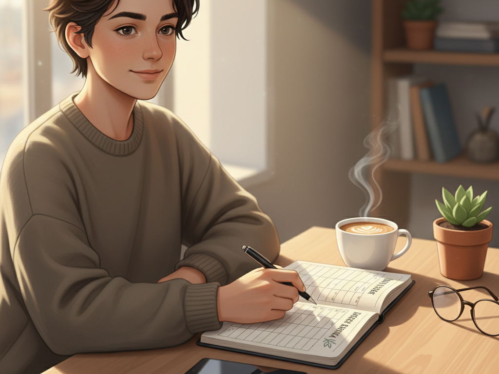 Young adult journaling expenses while enjoying coffee, representing mindful money Habits.