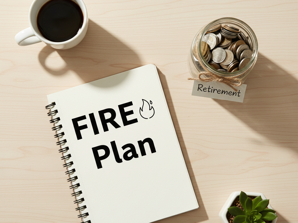 Flat lay of a FIRE plan notebook and Retirement savings jar.