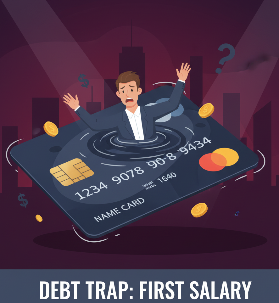 Person sinking into a giant credit card quicksand.