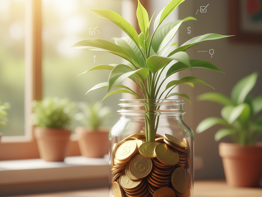 Plant growing from a jar of coins symbolizing financial growth through positive Habits.
