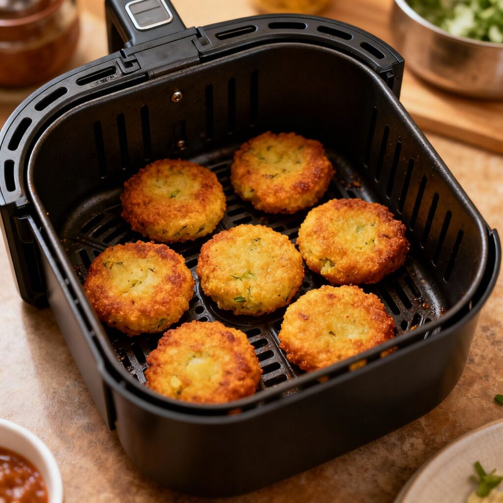 Airfryer basket filled with crispy golden aloo tikkis
